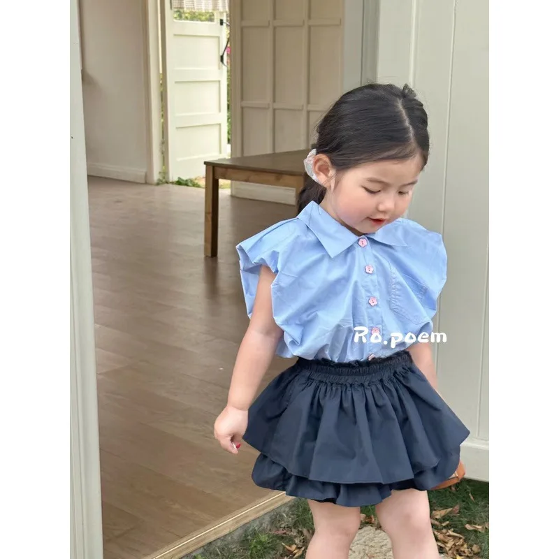 2024 여름 여아 정장, 싱글 브레스트 봉오리 소매 상의 및 스커트, 아동복 정장, 부티크 의류, 심플한 스타일, 신제품