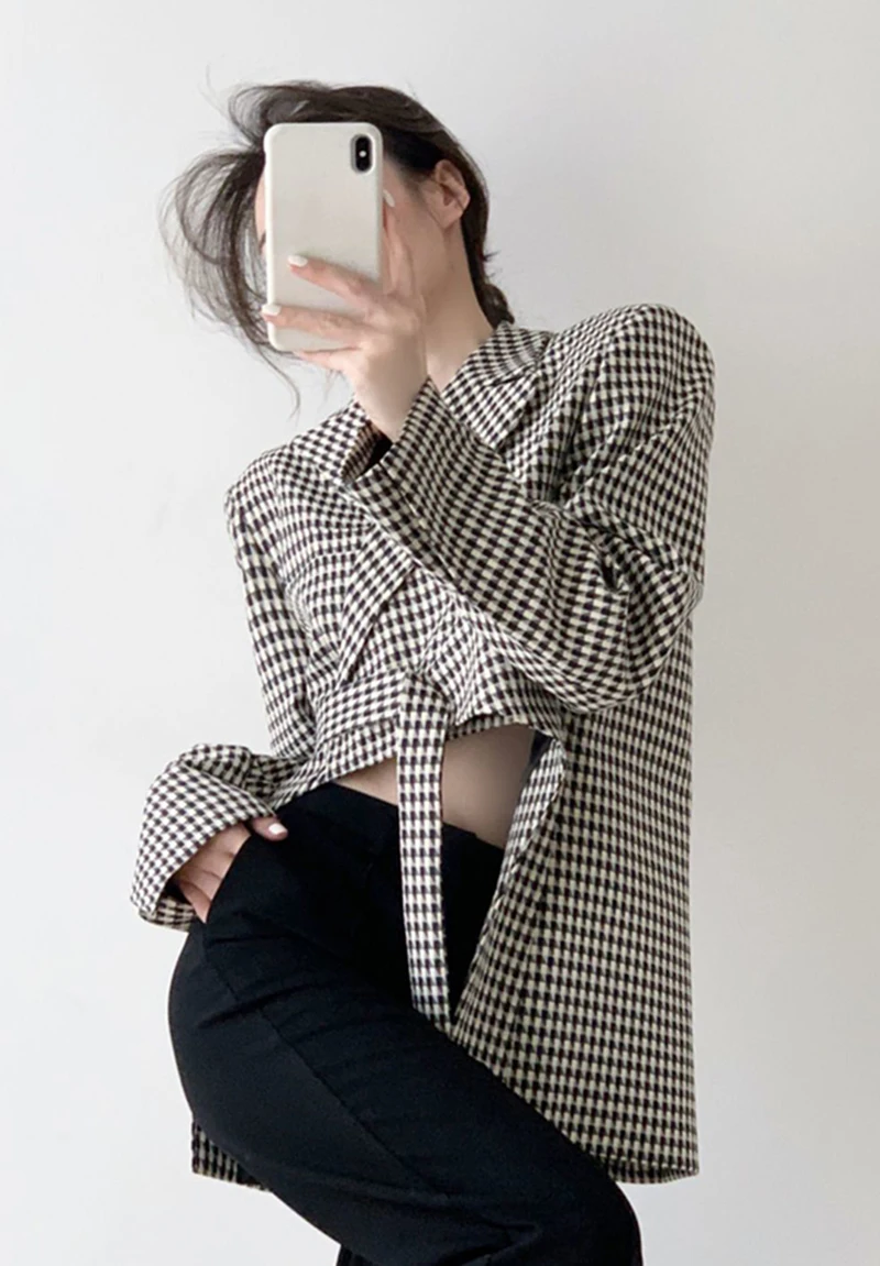 Houndstooth Plaid Blazer Women’s Black Irregular Suit Jacket Streetwear Korean Ribbon Cropped Womens Coat Office Lady Elegant Striped Jackets Outwear Plus size Blazers for Woman 