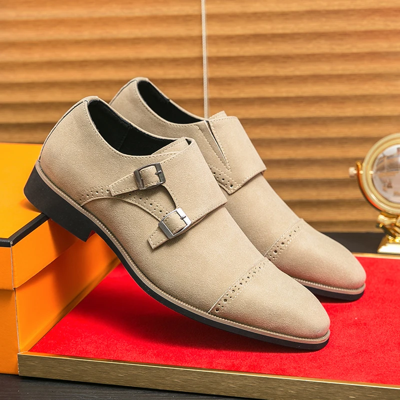 Leather Shoes Faux Suede Shoes Fashion Luxury Dress Leather Men's Shoes Monk Suede Leather Buckle Strap