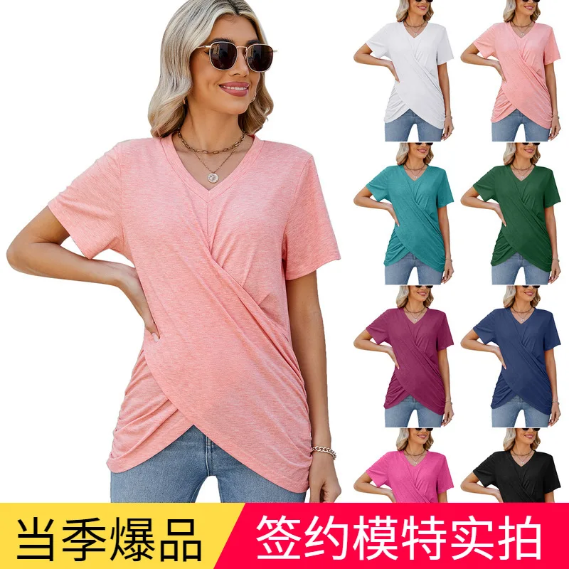 

In the summer of 2023 the new women's clothing multicolor v-neck leisure kink coat short sleeve T-shirt