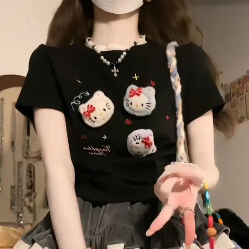 

Summer New Hello Kitty Academy Style Dopamine Cotton T-Shirt Anime Cake Skirt Denim Skirt Cute Doll Cartoon Clothes Fashion Girl