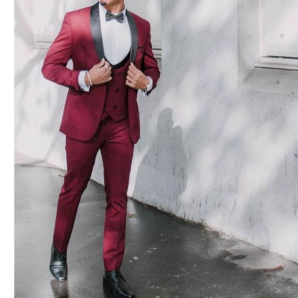 

Men's Suits Jacket Pants Vest Three Piece Black Shawl Lapel Single Breasted Hombre Terno Outfits Blazer Wedding Costumes Set