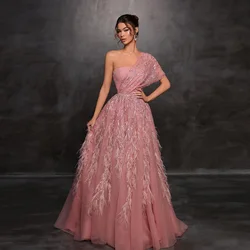 Dusty Pink Tulle Ball Gowns Luxury Feather Tassels Long Prom Dress Oblique Shoulder Sequins Evening Party Dresses Lace Up Back