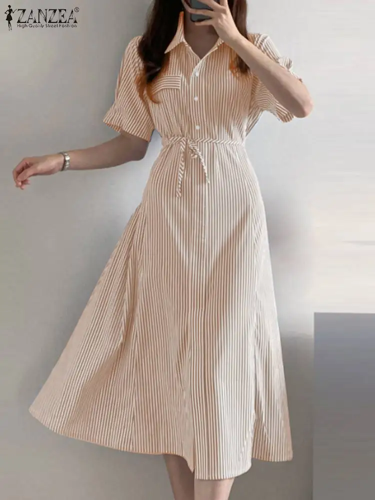 

ZANZEA Stylish Women ummer Sundress Fashion Casual Buttons Midi Vestido Work Dresses Short Sleeve Lapel Neck Shirt Dress S
