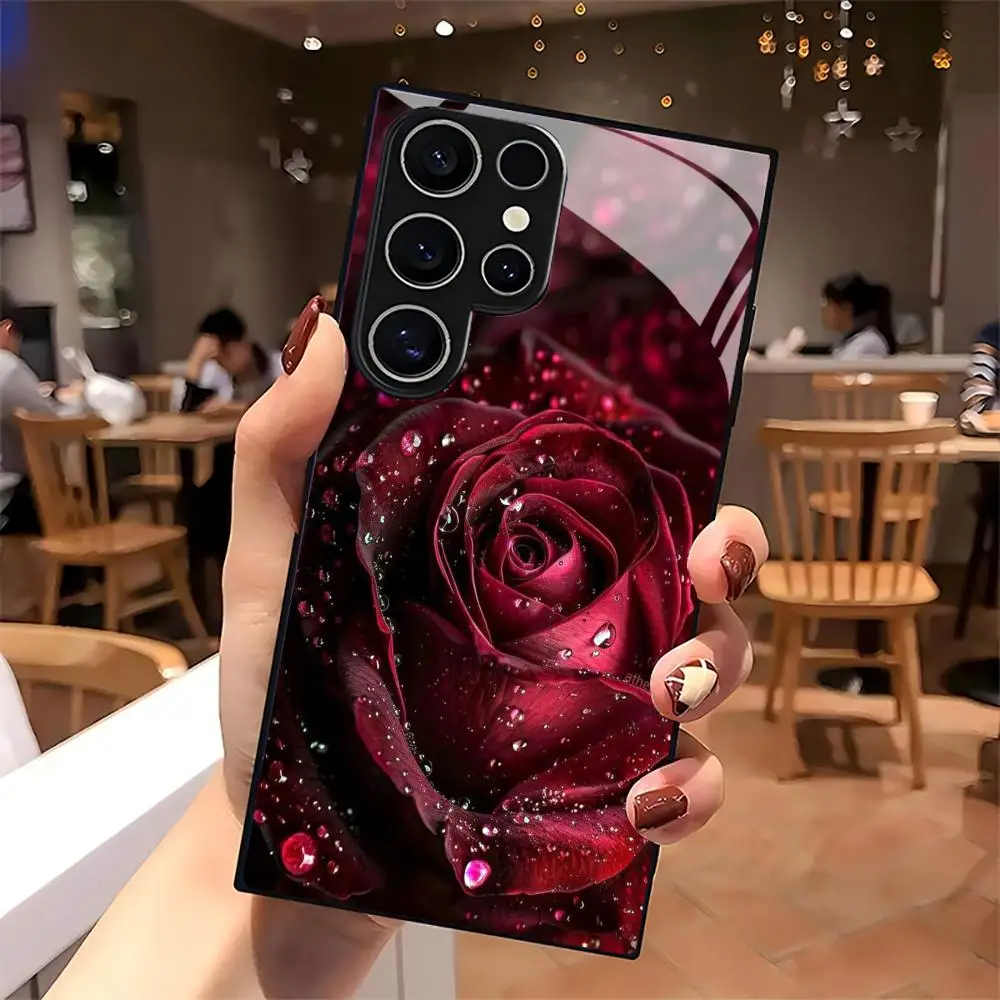 Elegant Red Rose Frosted Glass Phone Case - Non-Slip Full Cover Design
