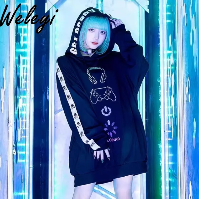 Gothic Y2k Sweet Cool Mid Length Sweatshirt Women's 2024 Spring and Autumn Subculture Streetwear Loose Long Sleeve Hooded Jacket