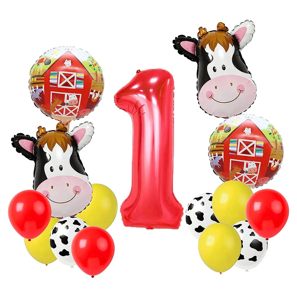 

15pcs/set Cow Head Birthday Balloons 40inch Red Number Ballon 12inch Cow Printed Latex for Animal Theme Party Animals Decoration