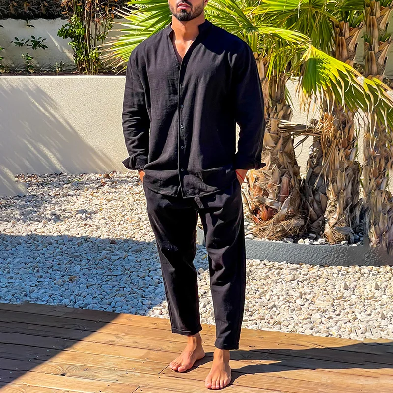 

Cotton Linen Men's Sets Spring Summer Casual Long Sleeve Buttoned Stand Collar Shirt And Trousers Two Piece Suits Men Streetwear