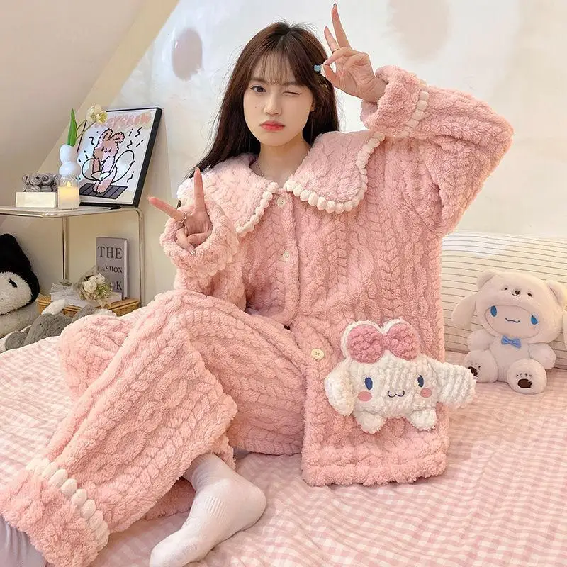 

Kawaii Sanrio Hello Kitty Women's Nightgown for Home Wear Cinnamoroll Anime Winter Thickened Velvet Clothes Set Fashion New Kit