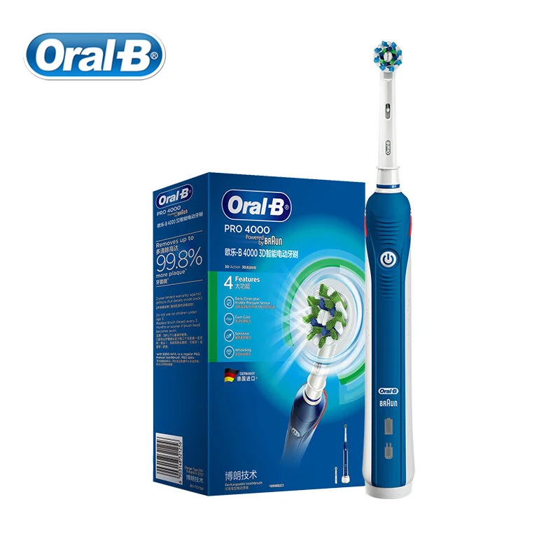 Електрична зубна щітка Oral B Pro4000 для дорослих, акумуляторна електрична зубна щітка з датчиком тиску, водонепроникна зубна щітка