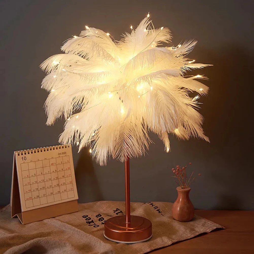 LED Feather Bedside Table Lamp led bedside lamp Bedside Bedroom Desktop Nightstand Decoration Hotel Living Room USB Three-Color Night Light