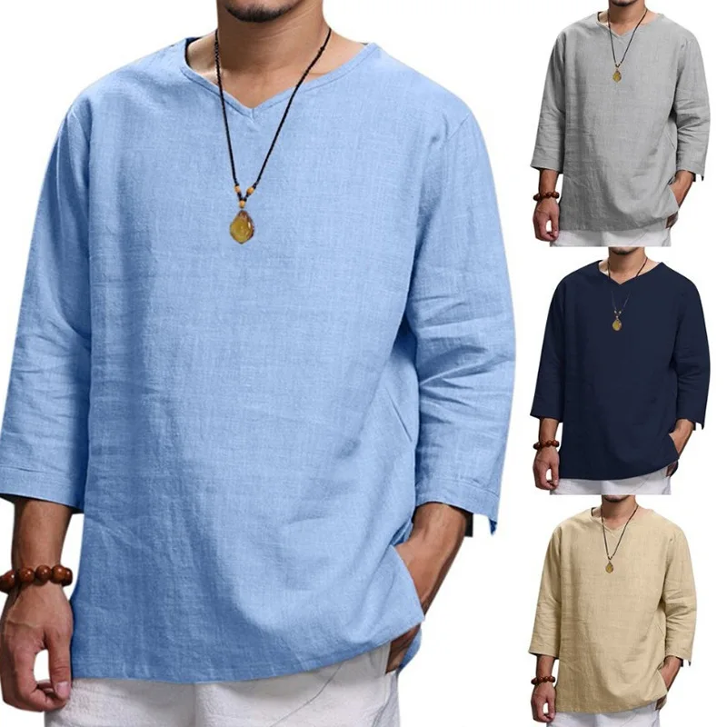 

New Men's Pullover Cotton Solid Color Casual Loose Pullover T-Shirt