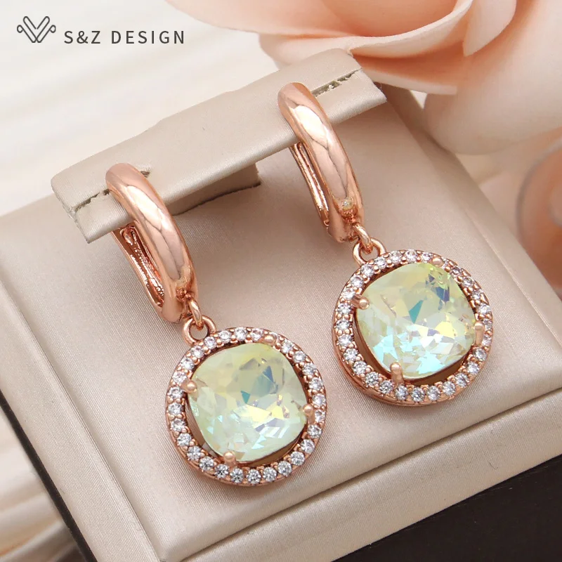 S&Z DESIGN New Fashion Round Cubic Zirconia Square Crystal Dangle Earrings For Women 585 Rose Gold Color Wedding Party Jewelry