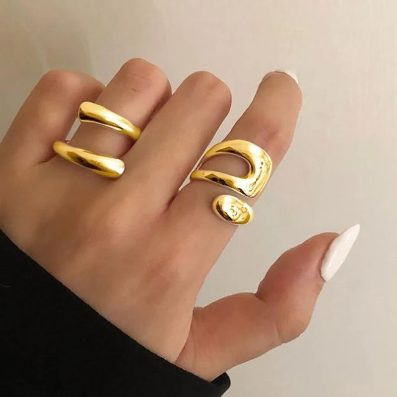 Stainless Steel Ring 2Pcs Stainless Steel Geometric Hollow Layered Wide Ring Metal Texture Waterproof Daily Simple Stylish Golden Jewelry Women