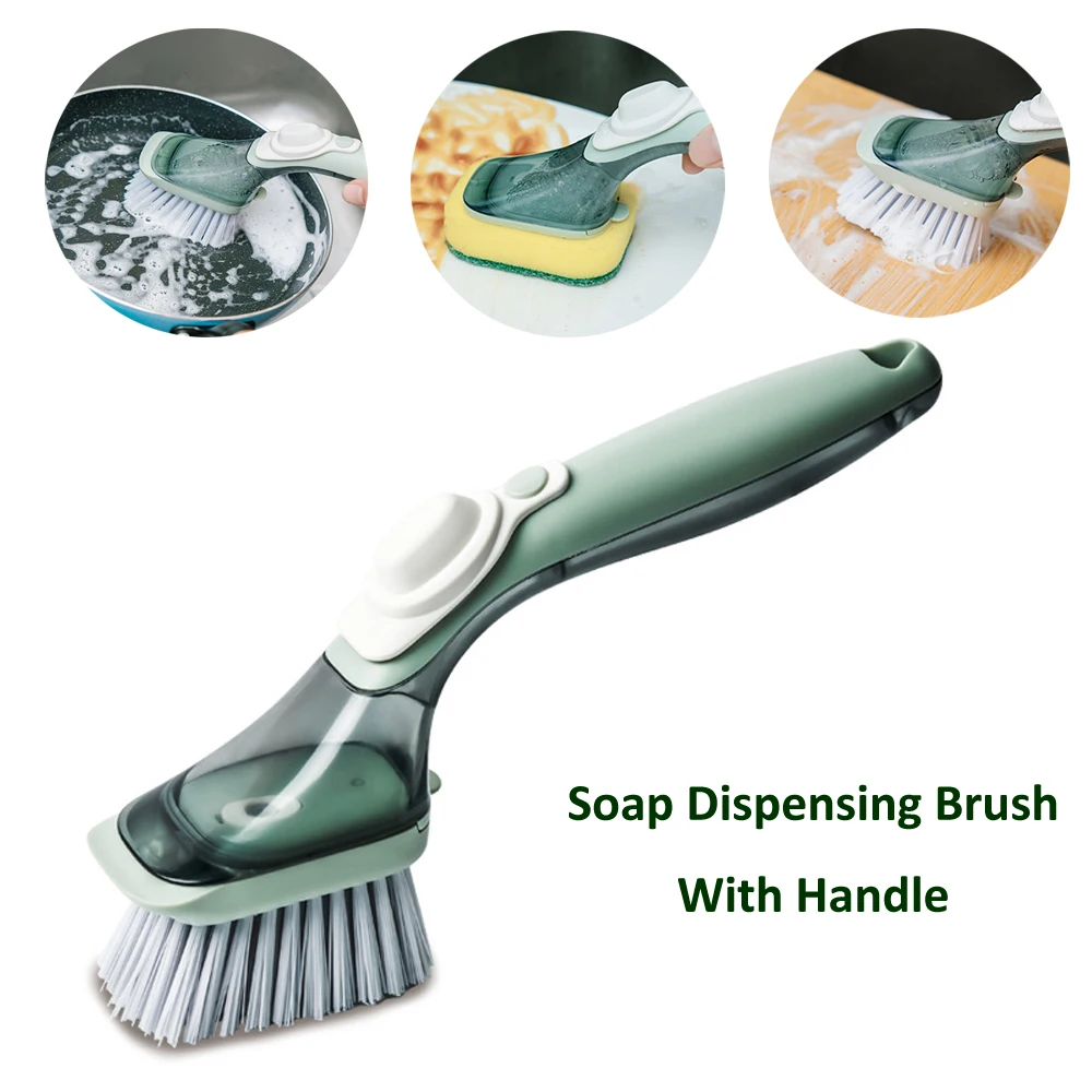 Kitchen Dispensing Soap Dish Brush Set with Washing Handle and