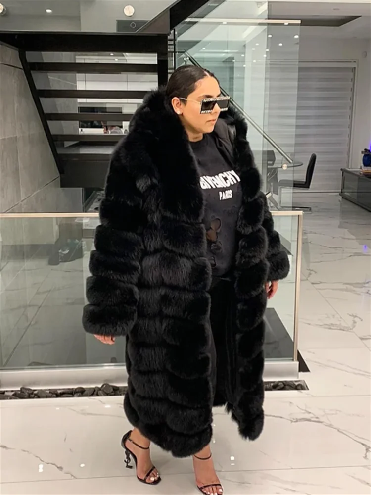 Long Real Fox Fur Coat with Hood for Women, Luxury Hooded