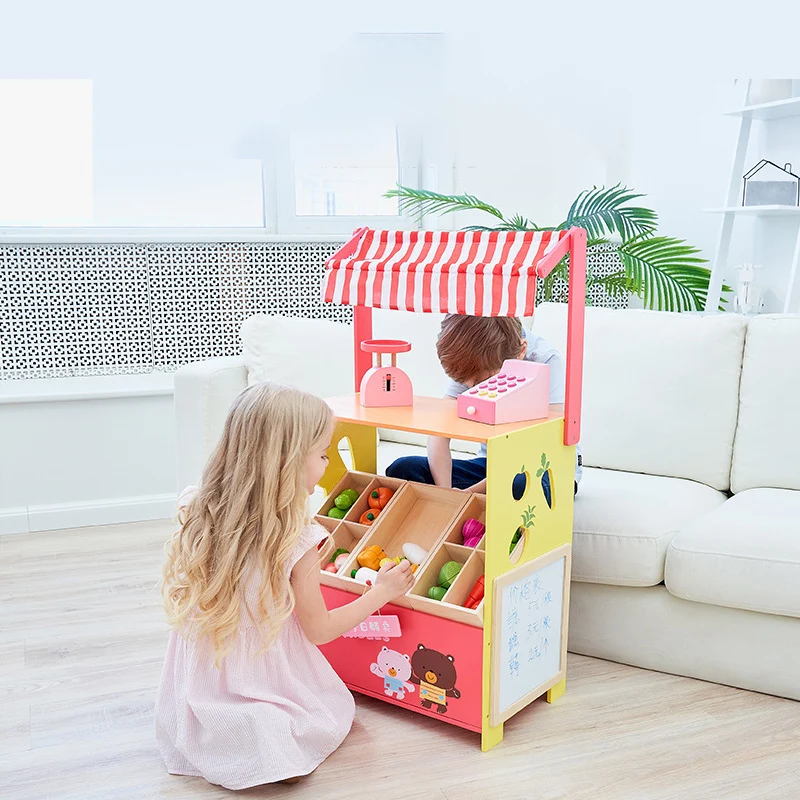 Children Pretend House Play Fruit Vegetable Selling Stand Stall Role Play Set Montessori Educational Wooden Toys For Kid Gift 5