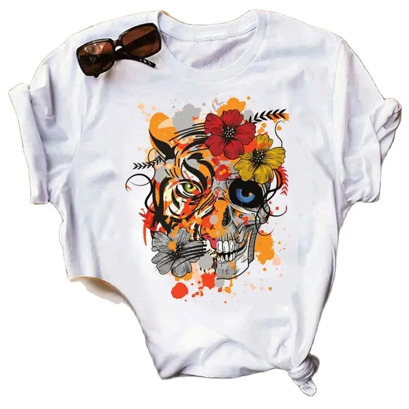 

Flower Skull Print T-shirt Personalized Skull Print European Style Women's Tshirt Tops Oversized T Shirt Harajuku
