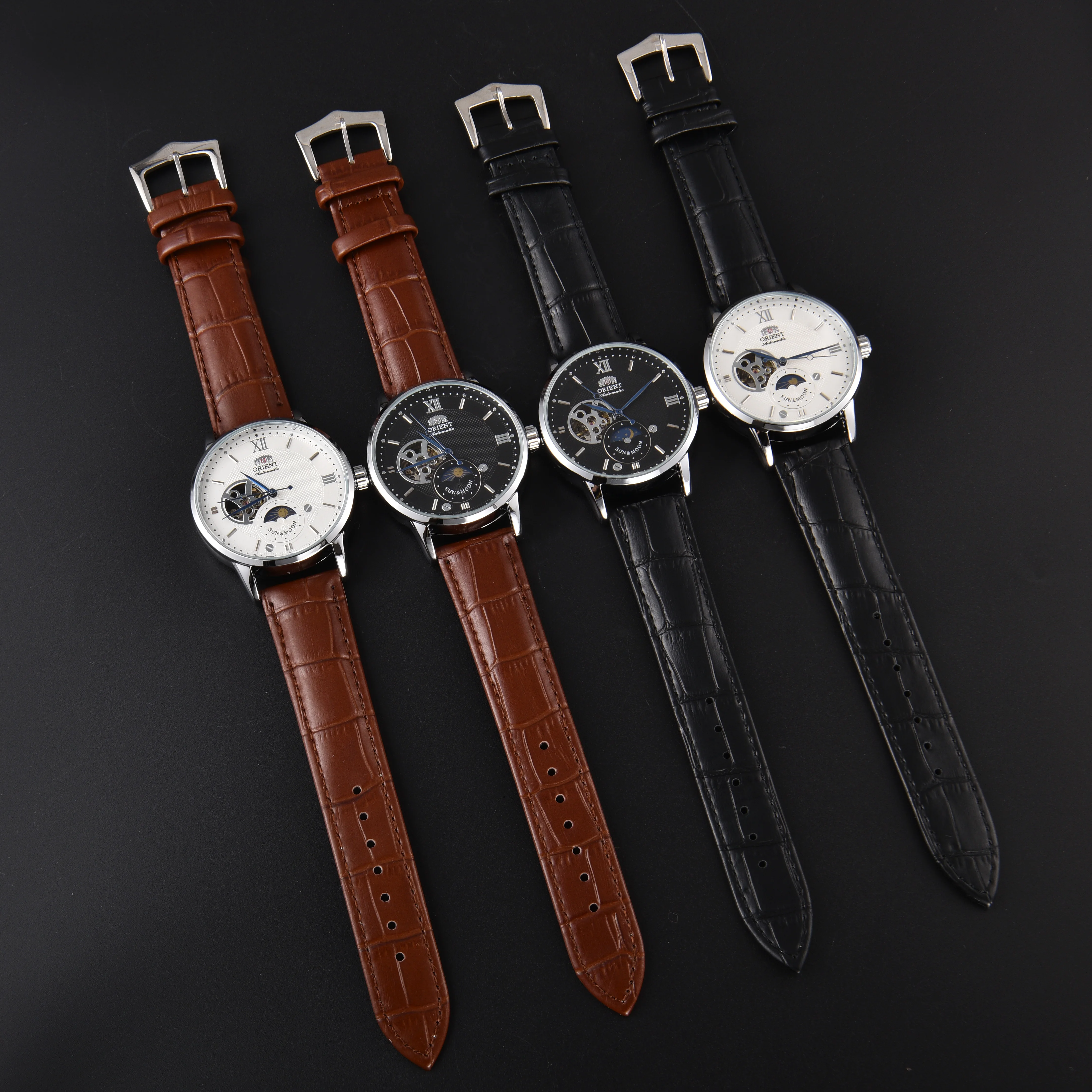 Orient Sun & Moon Semi Skeleton Automatic Watch Men's White Dial Black Leather Strap Sapphire Crystal 50m Waterproof Dress Watch, Alina Gadgets