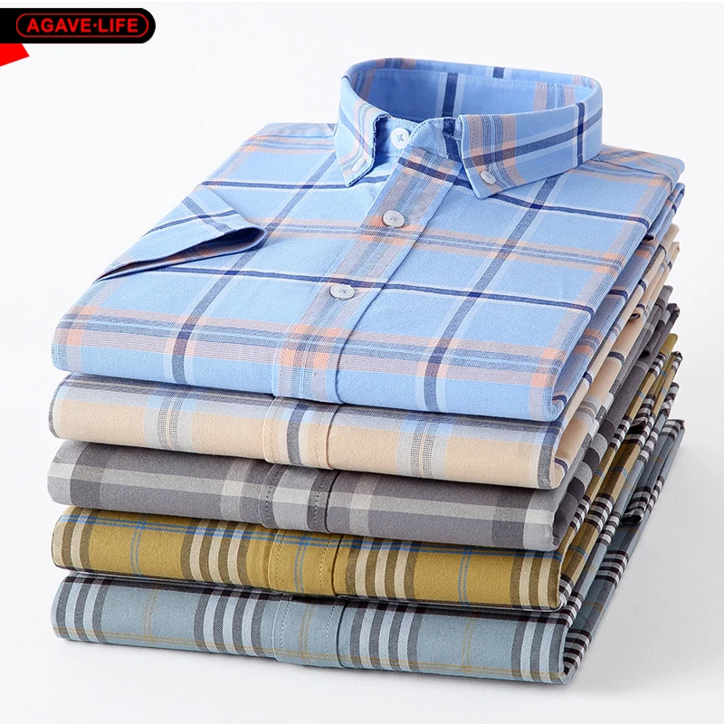 

Summer Men Plaid Short-sleeves Shirt Bussiness Men Cotton Oxford Anti-wrinkle Shirt Breathable Thin Casual Shirt For Men Outwear