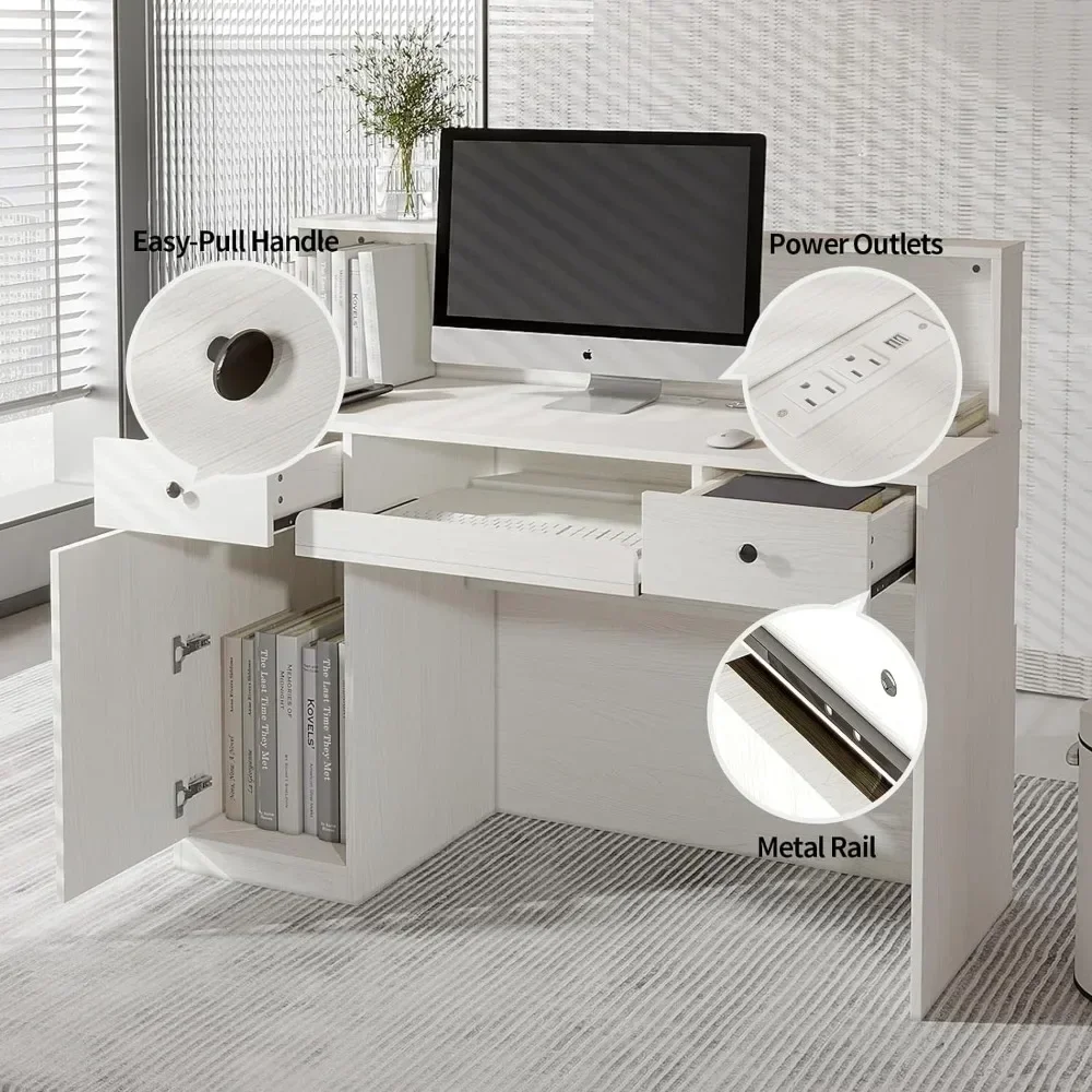 Reception Desk with LED Lights and Power Outlets, Retail Counter Reception Counter Table with Drawers, for Salon Lobby Checkout 4