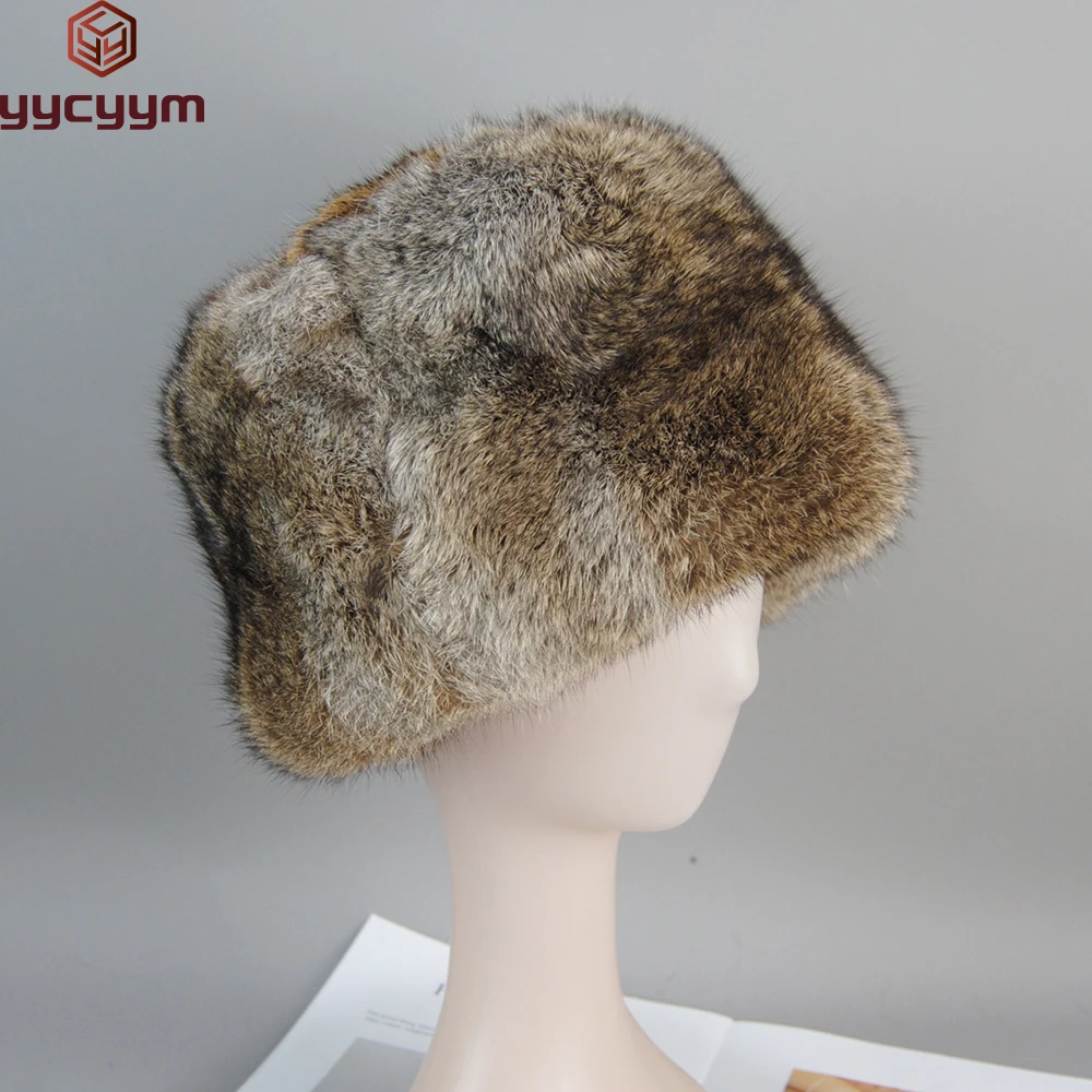 New Style Fashion Rabbit Fur Cap Unisex Winter Genuine 100% Fur Bomber Hat Windproof Warm Earmuff Flat Outdoor Warm Russian Hat