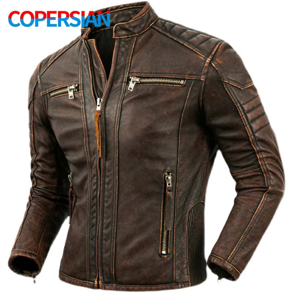 Men's Natural Leather Jacket First Layer Calfskin Stand Collar Motorcycle Jacket Retro Brown Cowhide Biker Clothes men leather jacket