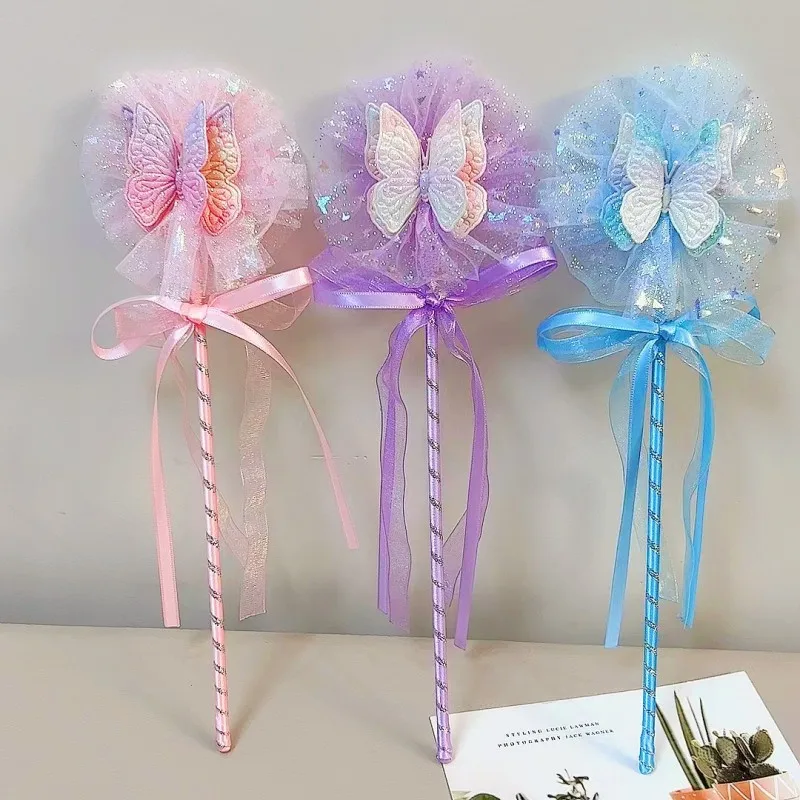 INS Kids Birthday Mesh Bow Fairy Stick Baby Shower Butterfly Wand Girl Princess Party Game Props 1PC