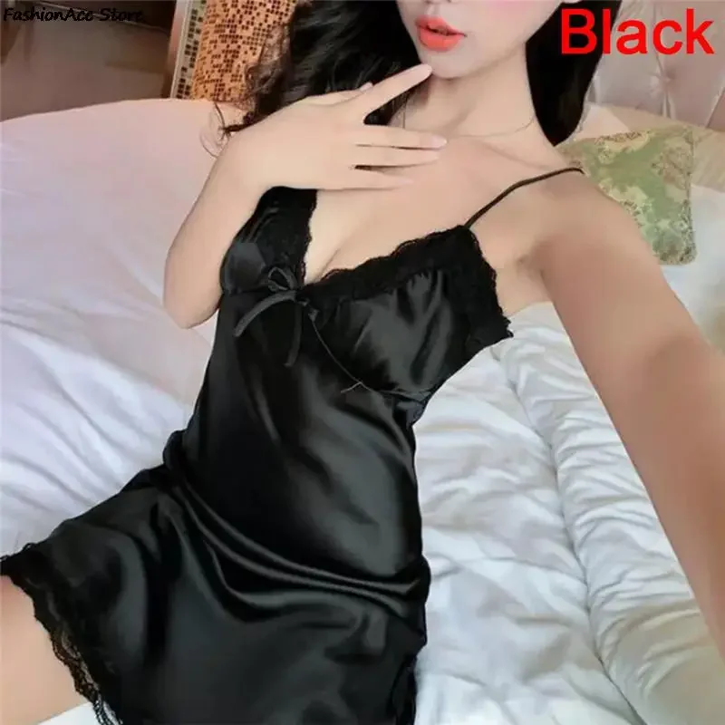 Ladies Silk Sling Nightdress Women's 2025 Summer Sexy Lingerie Satin Nightgowns Sleepshirts Lace Cup V-neck Nightwear Homewear - Image 4