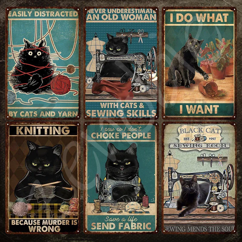 

Black Cat Metal Sign Knitting Cat Tin Sign Sewing Machine and Cats Metal Poster Funny Animal Metal Plate Plaque for Room Decor