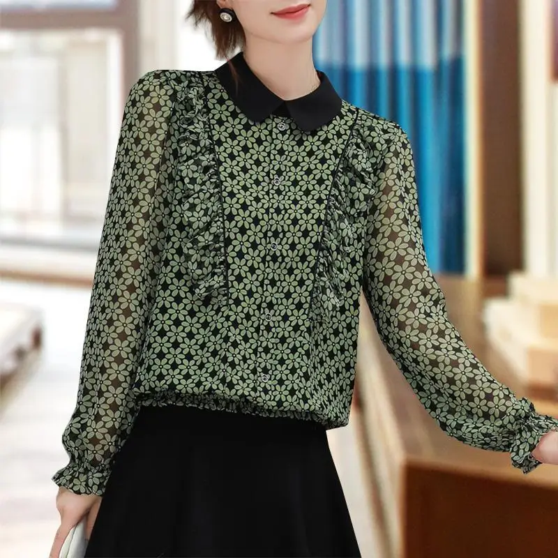 

Fashion Printed Spliced Ruffles Floral Blouse Women's Clothing 2023 Spring New Oversized Casual Tops All-match Office Lady Shirt