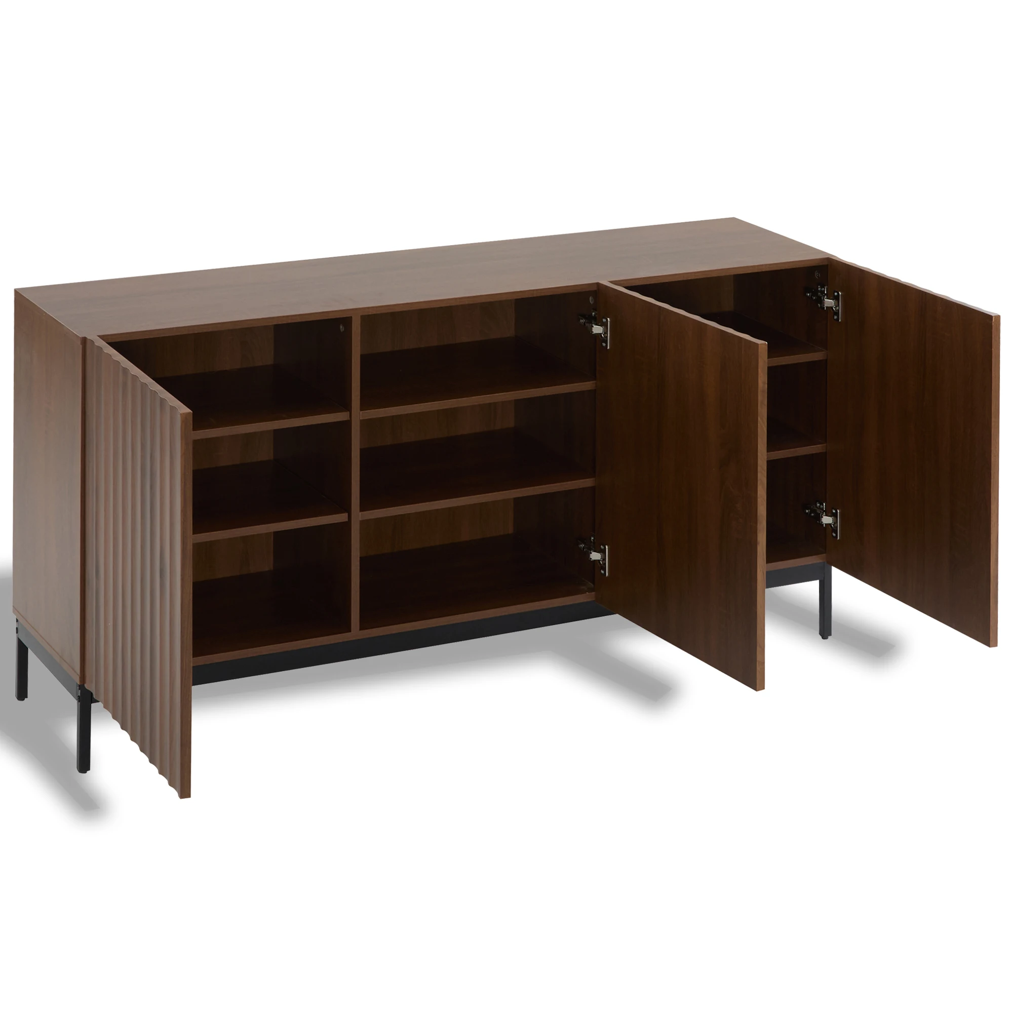 150 x 40 x 80 cm großes Sideboard aus dunkler Eiche, dekorativer Schrank im Mid-Century-Stil, 3 Türen, welliges 3D-Design, verstellbare Regale – Detail 10