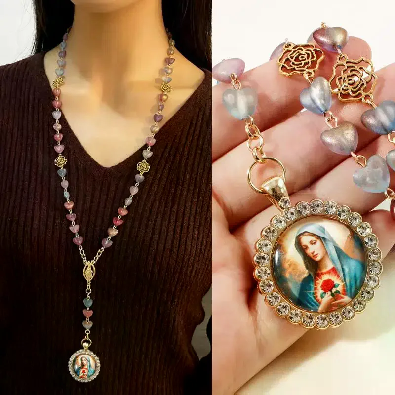 Virgin Mary/st Benedict Rosary Beads Necklace For Women Men Catholic Jesus Christ Cross Crucifix Pendant Long Chain