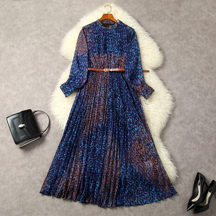 

European and American women's clothes 2023 spring new Long sleeve Stand collar fashion Belt gradient color pleated dress