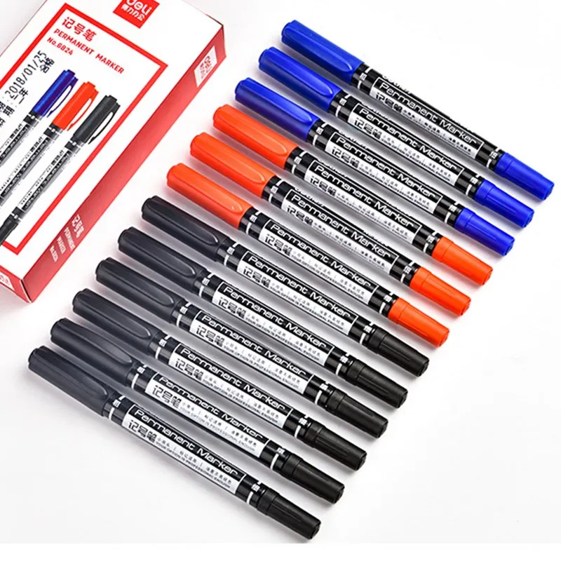 3pcs Deli 0.5/1mm Dual Tip Colored Mark Pen Permanent Waterproof Painting CD Fabric Metal Stone Wood Office Drawing Writing Tool 3pcs set non slip center punch 1 5 2 0 3 0mm high carbon steel center pin punch scribe marking tool wood metal drill diy marker