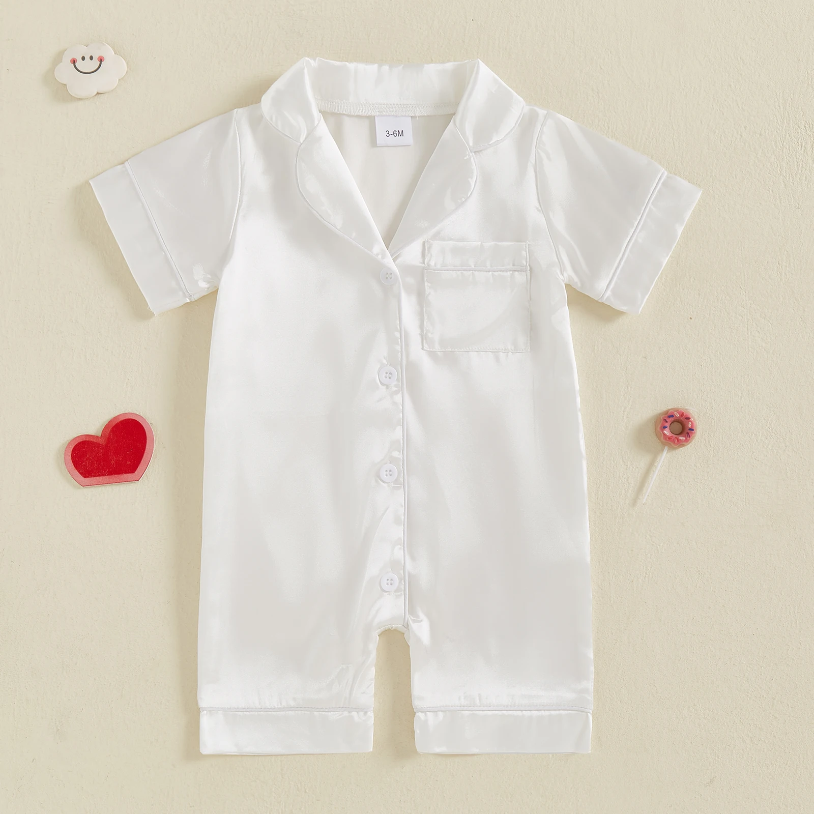 Description Picture 5 of itemMISOWMNJOY Soft Satin Baby Boy Girl Pajama Summer Sleepwear Short Sleeve Button-up Shorts Jumpsuit Cute Toddler Loungewear