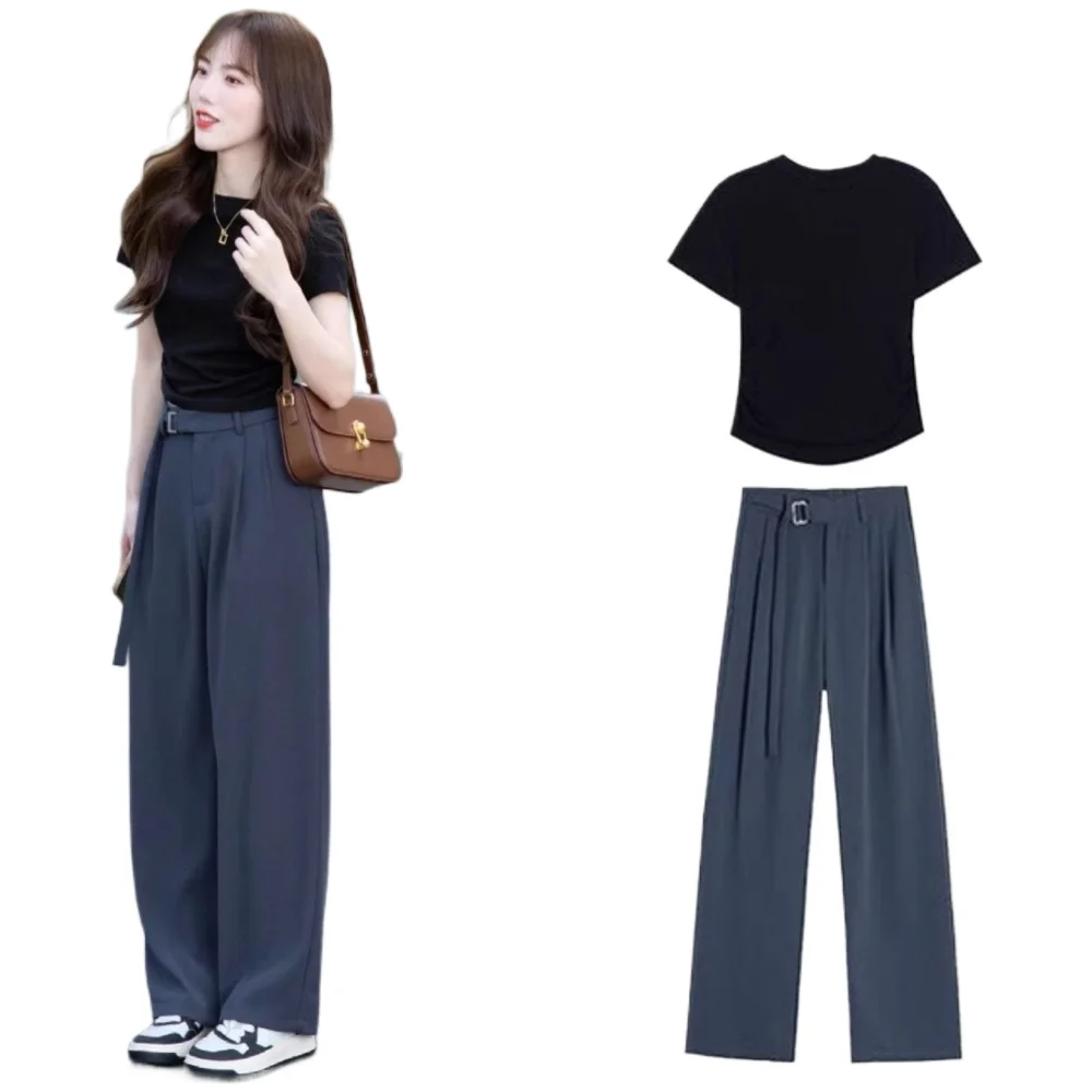 summer-dress-korean-women's-2024-new-black-short-sleeve-suit-simple-pants-office-women's-two-piece-suit