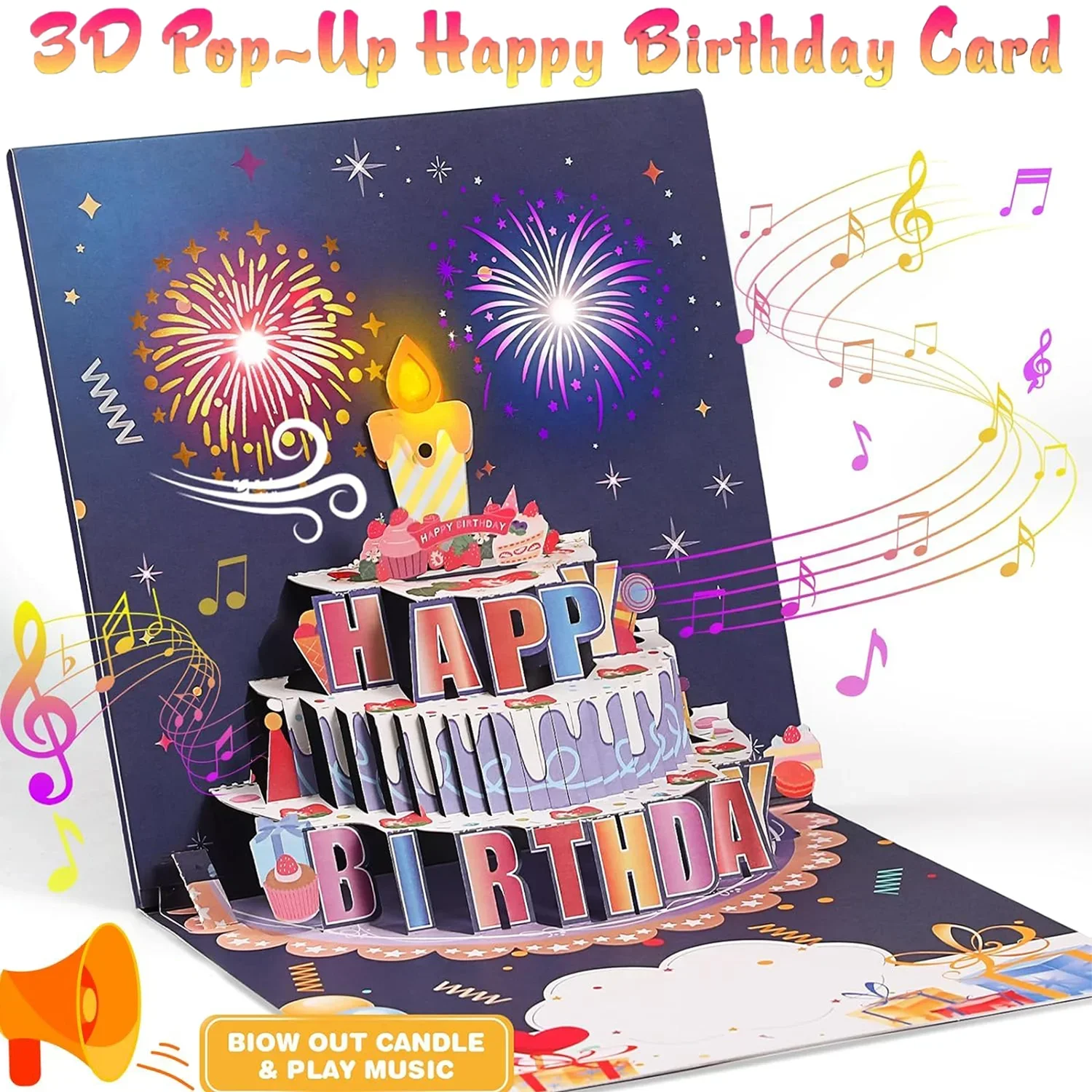3D Pop Up Blowable Birthday Card with Lights Music Happy Birthday Card Firework Cake Greeting Gift for Wife Mom Kids greeting cards