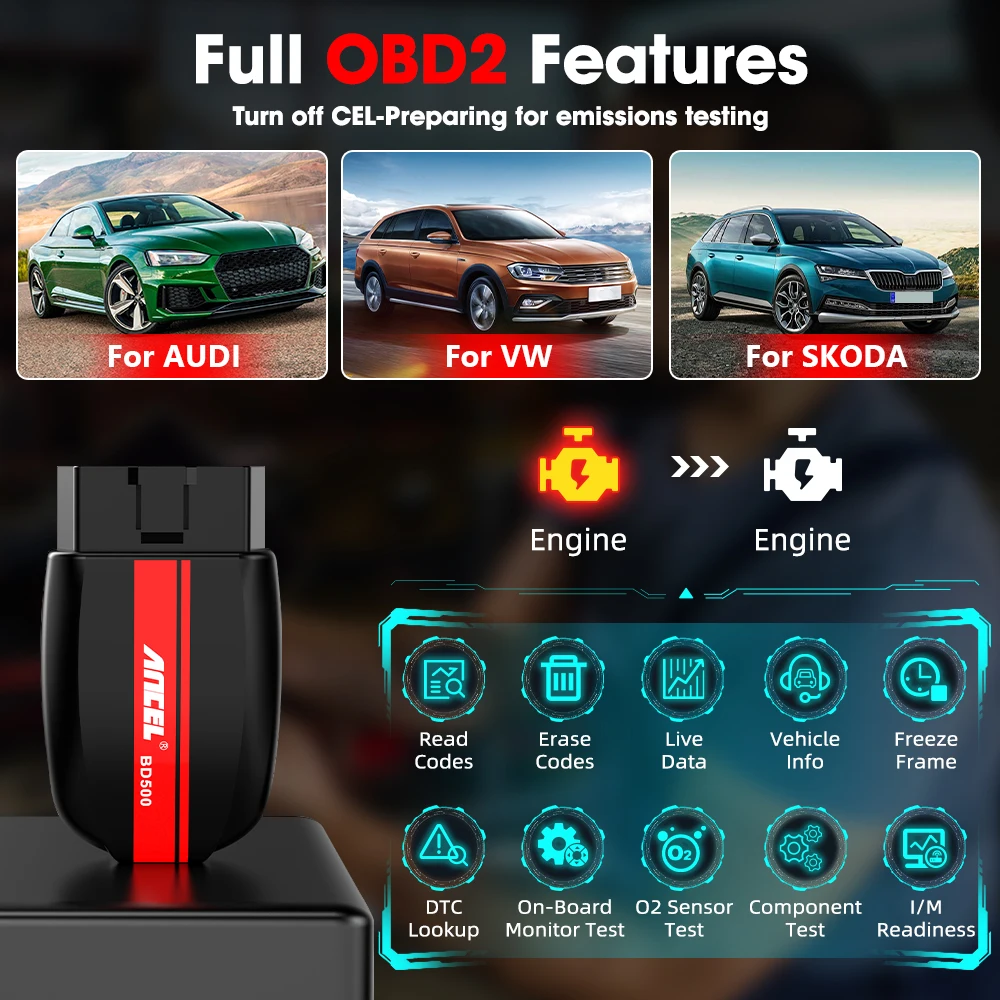 ANCEL BD500 obd2 Bluetooth 5.0 Scanner All System Car Code Reader with EPB /Throttle Learning for VW Audi Service Seat Skoda 2