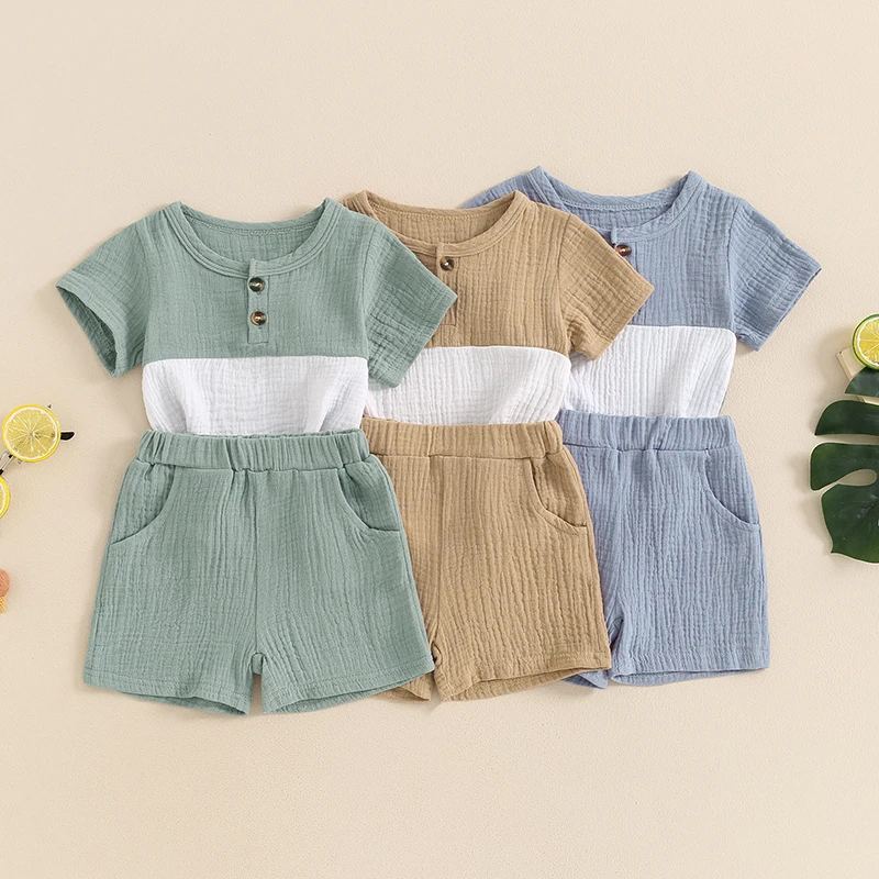 Summer Baby Clothing Set Toddler Boys Clothes Suit Infant Patchwork Short Sleeve T-Shirts Elastic Waist Shorts Boys Outfits