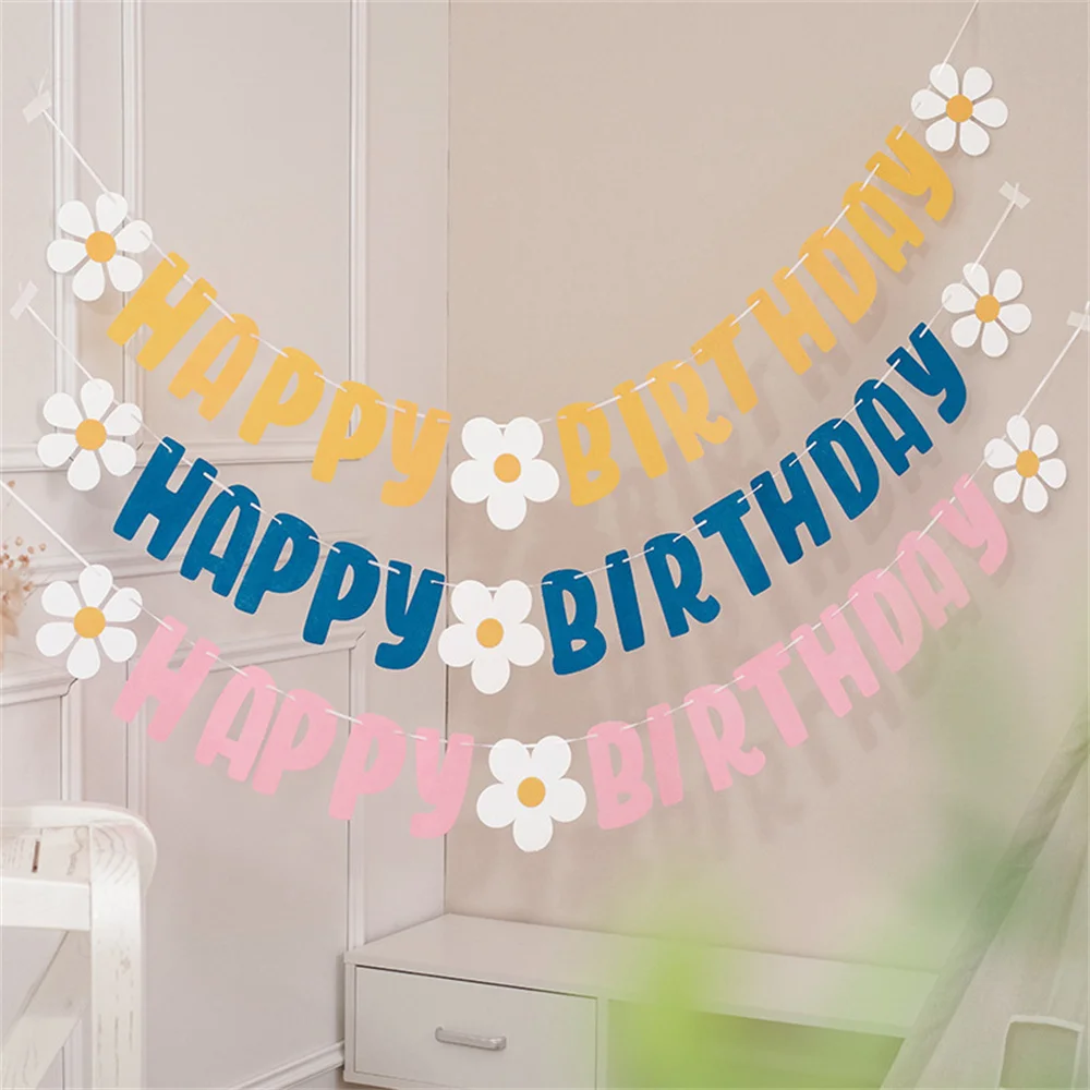

Daisy Happy Birthday Banner Non Woven White Flower Garland Birthday Party Decoration Kids Baby Shower Hanging Flag Supplies