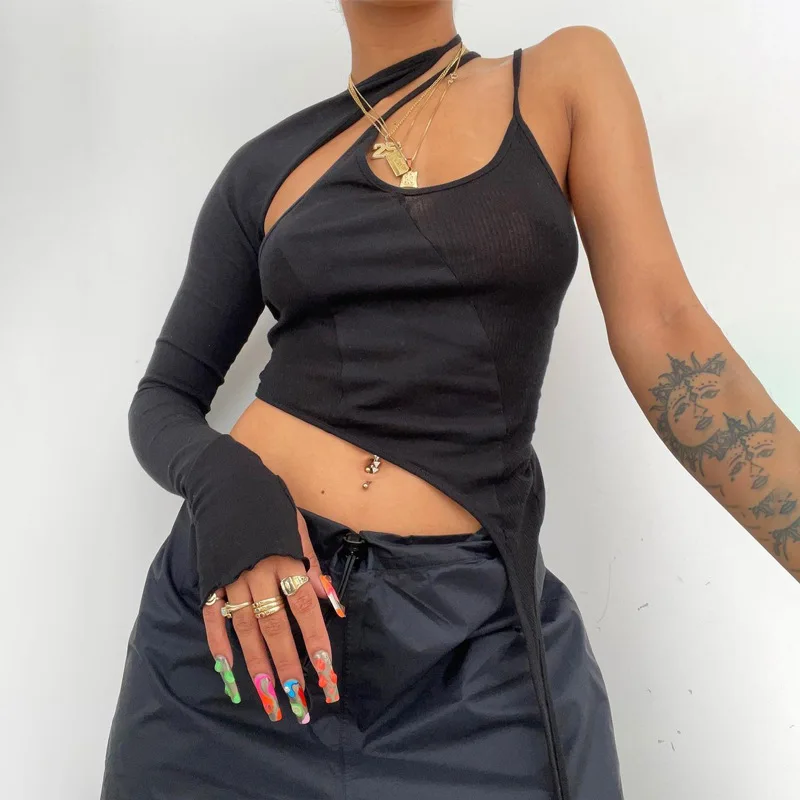 

BoozRey 2022Autumn New Personality Design High Street Straps Hollowed Out Navel Long Sleeves Top Women's Strappy Round Neck Vest