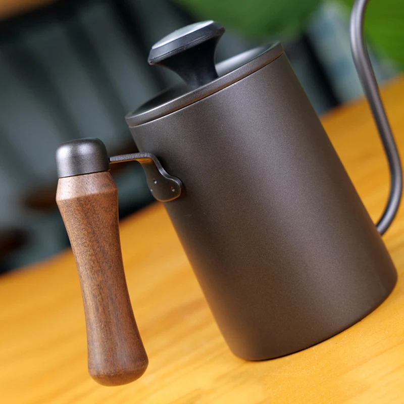 Drip Kettle 600ml Coffee Tea Pot Stainless Steel Non-stick Gooseneck Wooden Handle