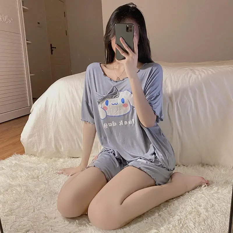 

Kawaii Sanrio Cotton Pajama Cartoon Kuromi Cinnamoroll Cute Summer Home Wear Casual Plus Size Short Sleeve Shorts Girl Gift