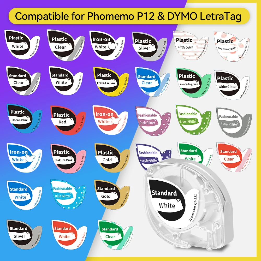 Phomemo-fita Auto-adesiva da Etiqueta da Roupa Branco Compatível com Dymo Letratag Resistente ao Calor P12 P12pro 4m 12 mm