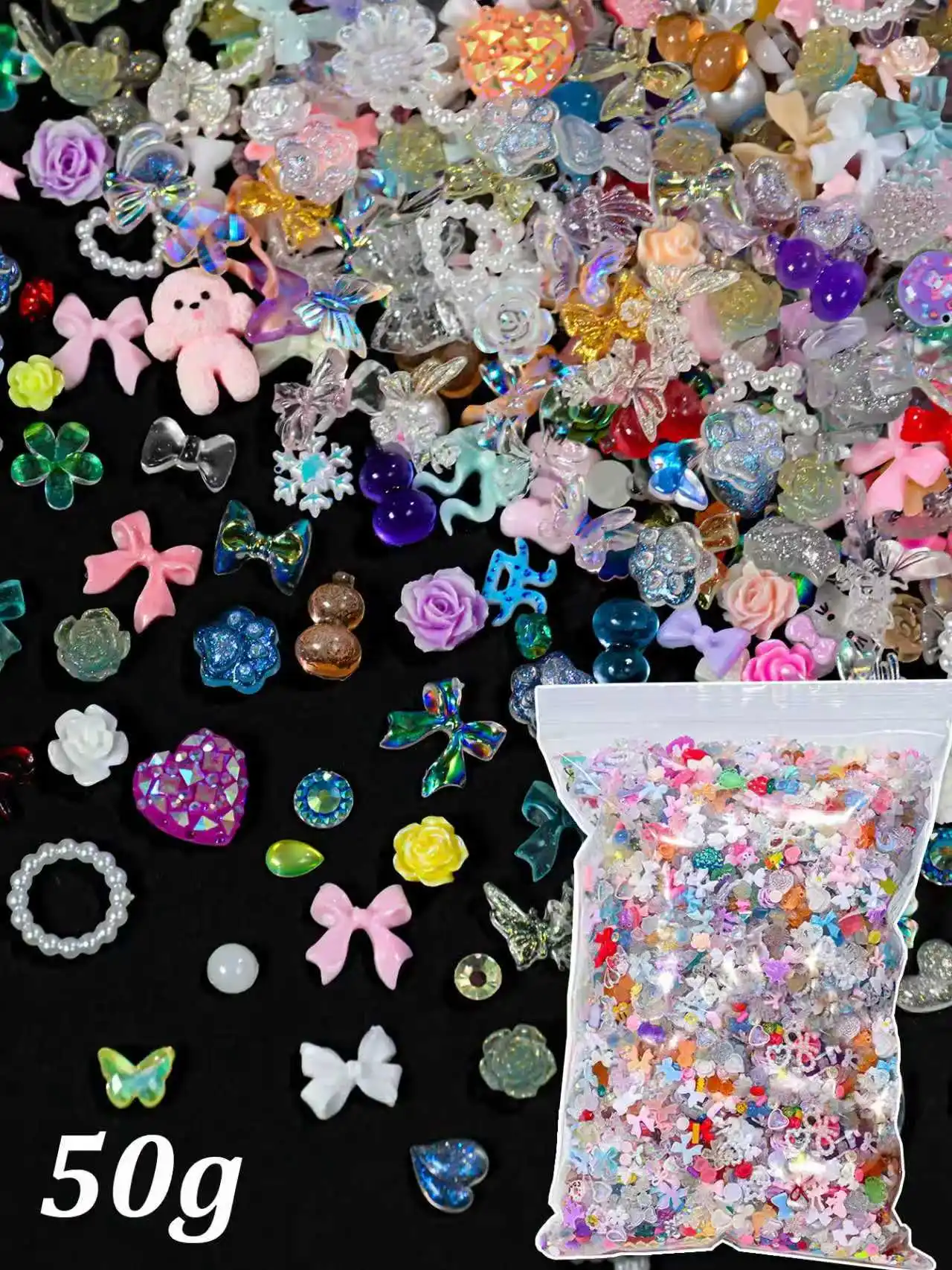 50g 믹스 3D 네일 참, 귀여운 리본 곰 꽃 나비 레진 라인스톤, DIY 네일 ..