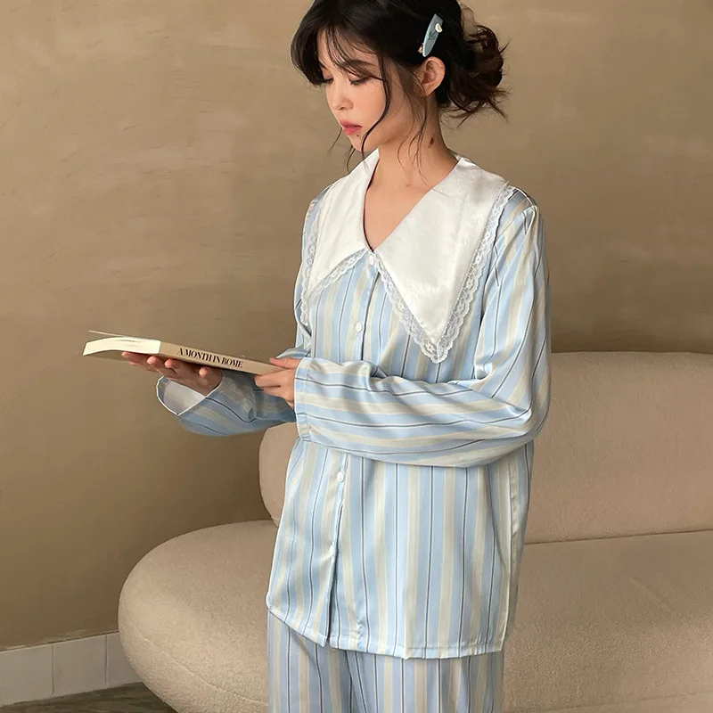 Lovely Blue Striped Pajamas Set Satin Lounge Wear Women Turn Down Collar  Home Clothes Long Shirt Pant Lady Pyjamas 2Pcs - AliExpress