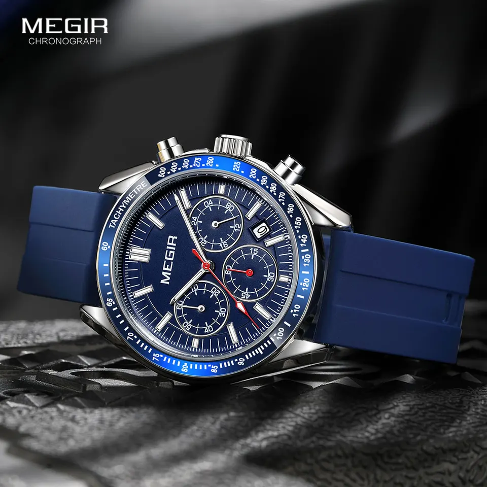 MEGIR Silicone Blue Strap Quartz Watch for Men Fashion Military