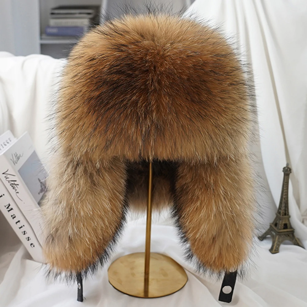 New Winter Men's 100% Real Silver Fox Fur Bomber Hat Raccoon Fur Ushanka Cap Trapper Russian Man Ski Hats Caps Real Leather