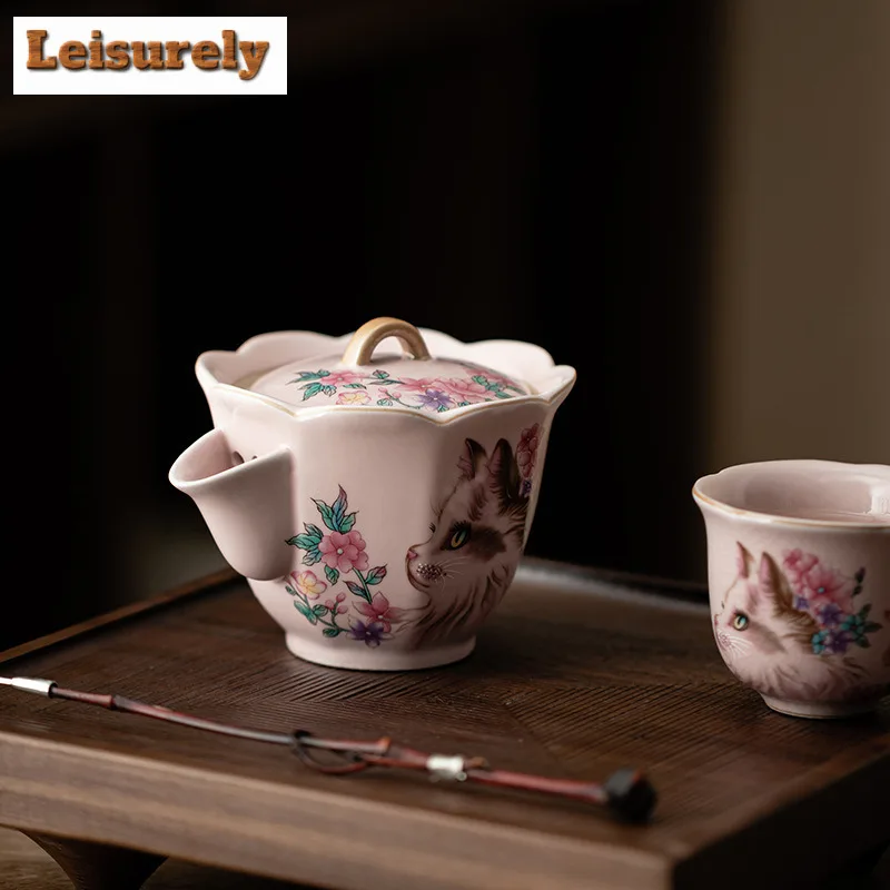 Pink Ru Kiln Flower Cat Teapot Retro Tea Infuser Pot Tea Maker Kettle With Filter Chinese Tea Cha Supplies Collection Teaware